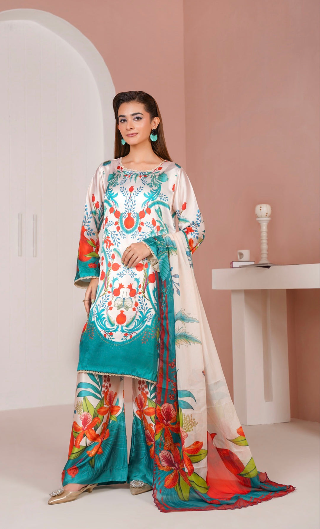 NSH08 - Elegant Silk 3-Piece co-ord Pakistani Suit