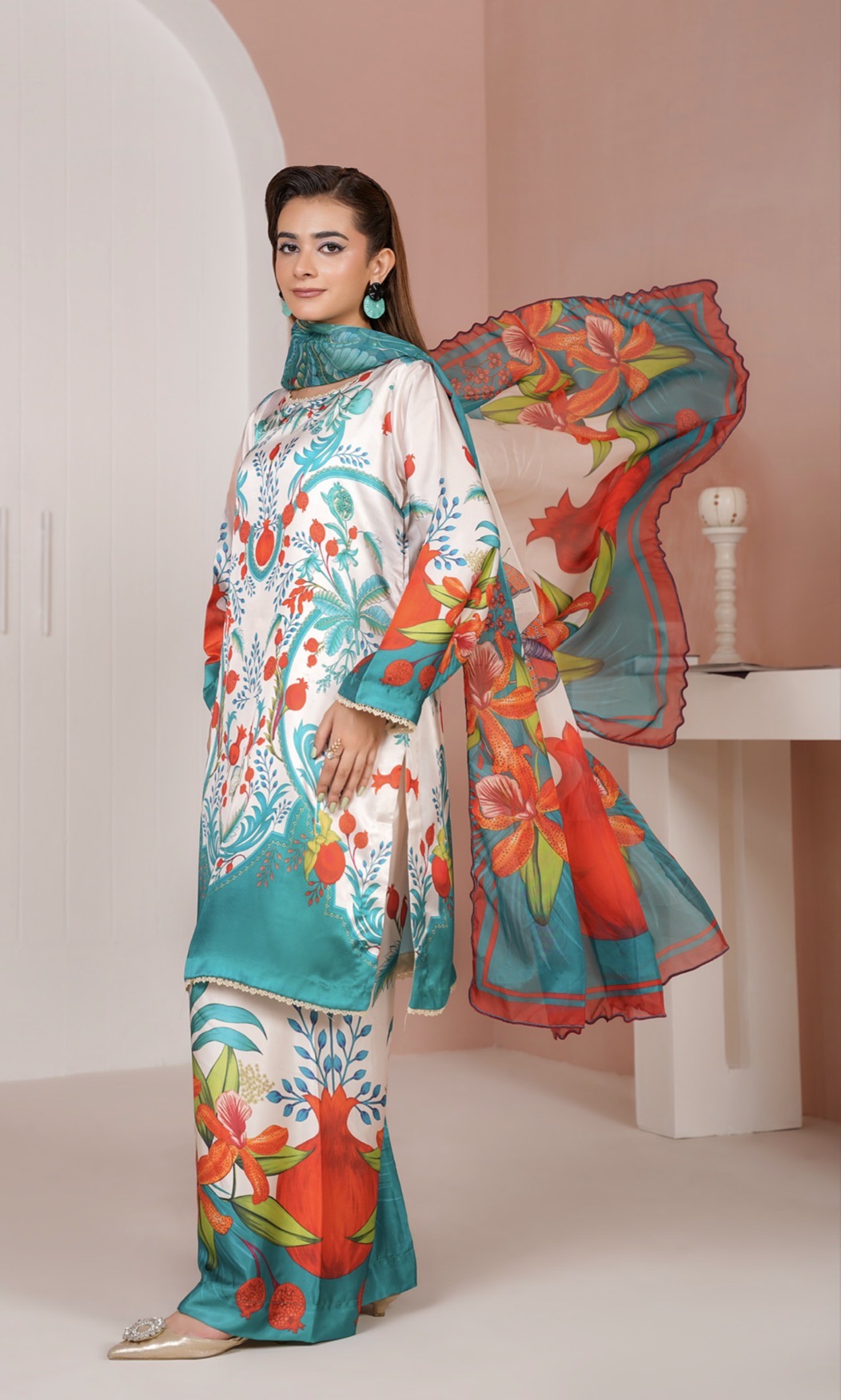 NSH08 - Elegant Silk 3-Piece co-ord Pakistani Suit