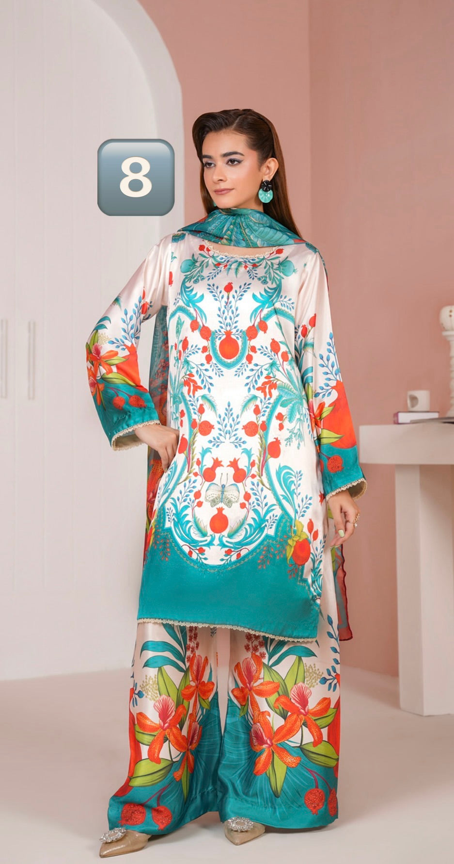 NSH08 - Elegant Silk 3-Piece co-ord Pakistani Suit