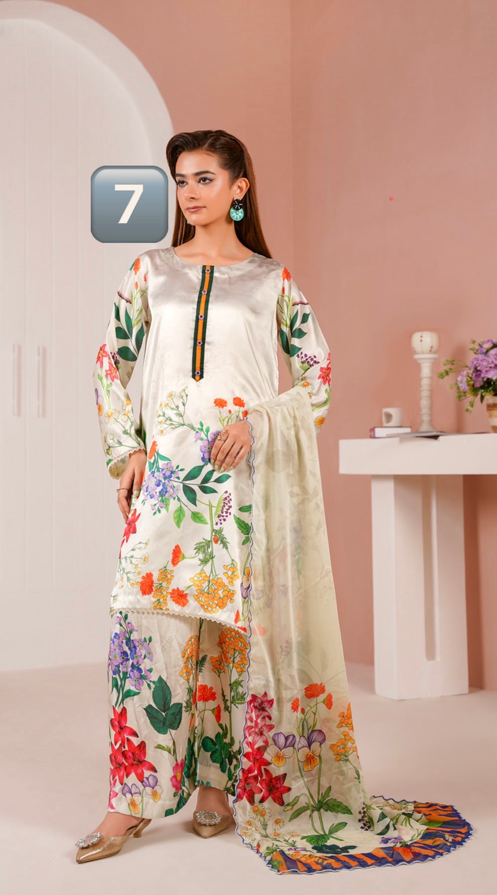 NSH07 - Elegant Silk 3-Piece co-ord Pakistani Suit