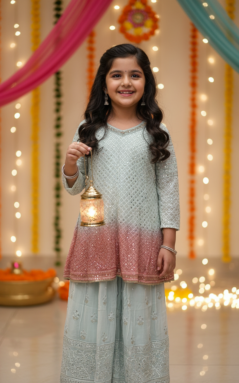 K689B- GIRLS EMBROIDERED SHARARA DRESS