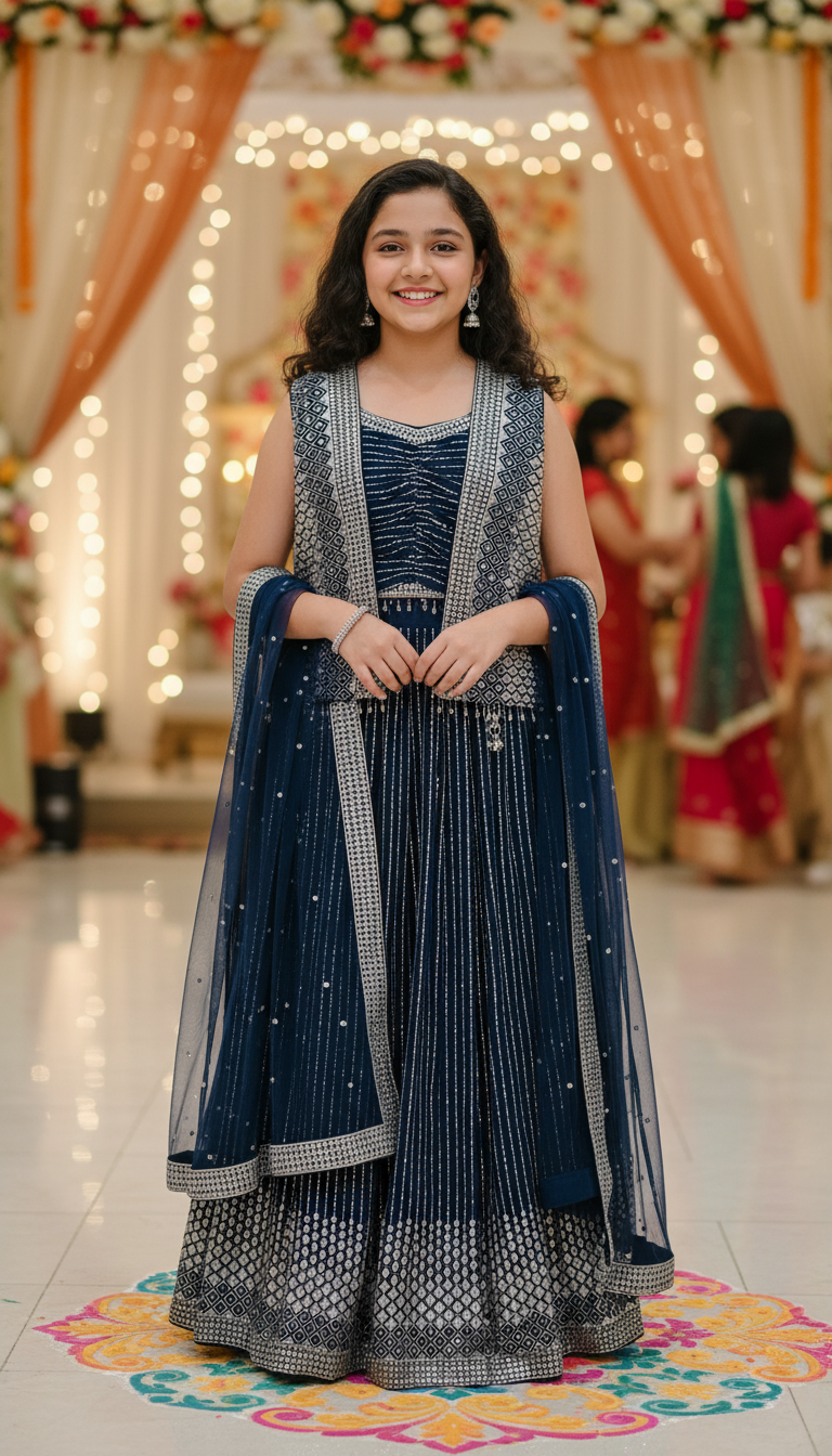 K688B- GIRLS BLUE EMBROIDERED LENHGA DRESS