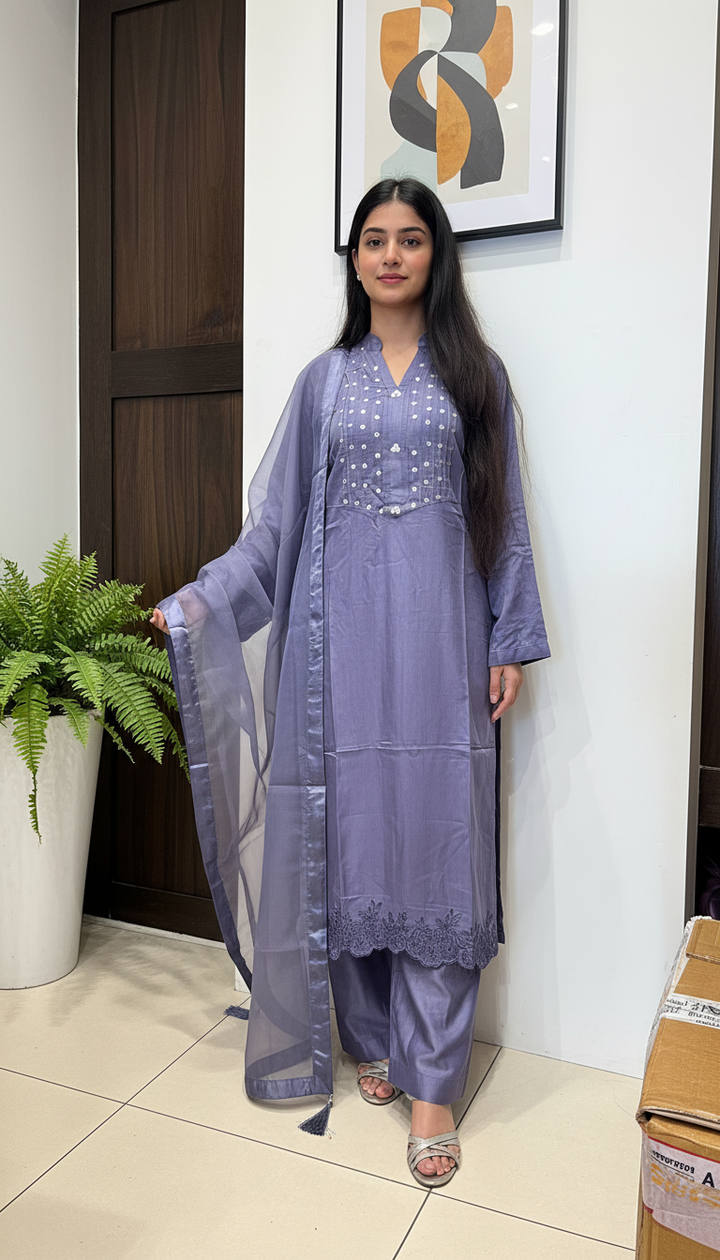 OLN3 - PURPLE LINEN EMBROIDERED 3 PIECE SUIT