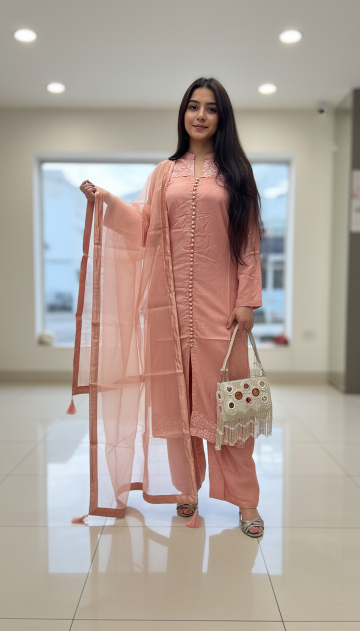 OLN6 - PEACH LINEN EMBROIDERED 3 PIECE SUIT