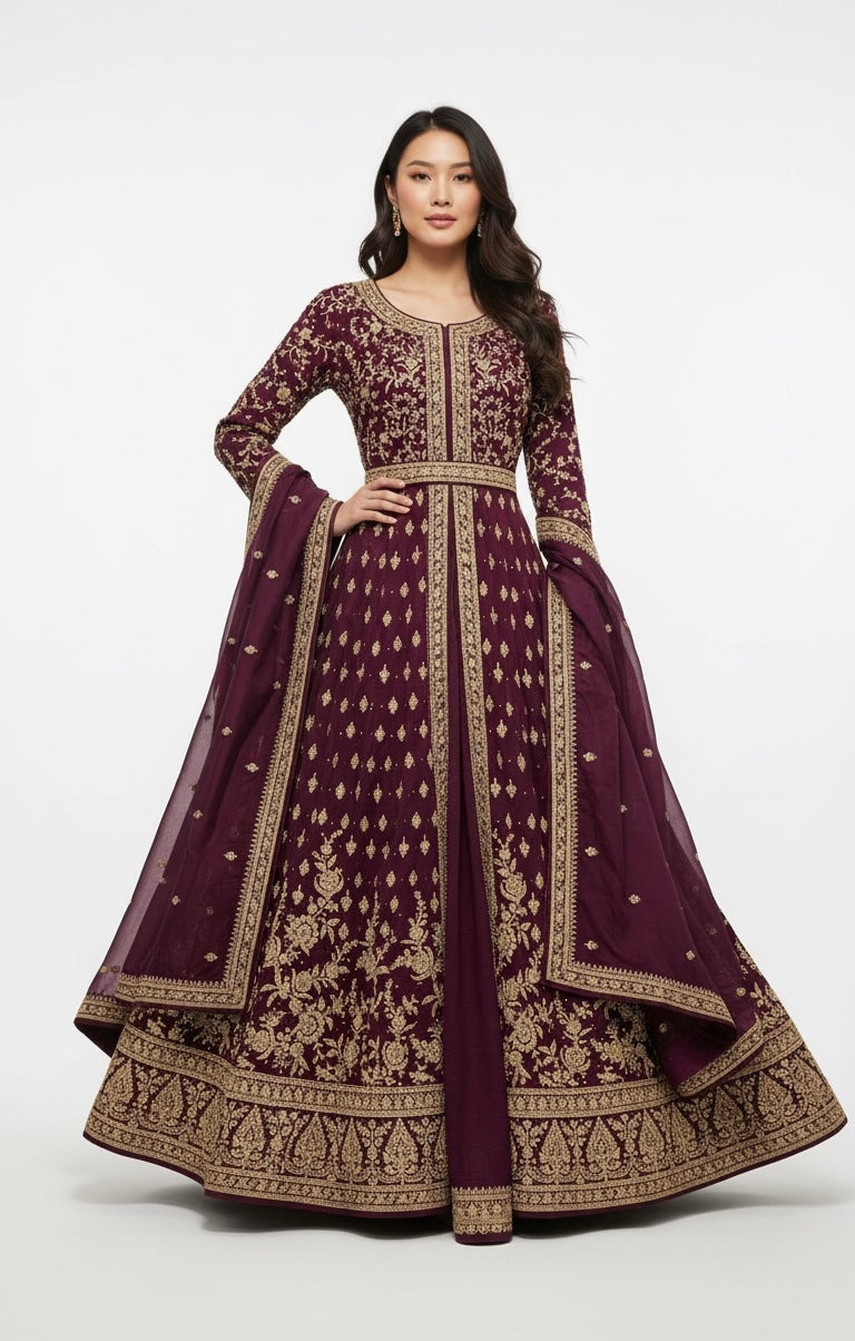 7041A - Dark Plum Raw Silk Embroidered Long Dress with Belt & Dupatta