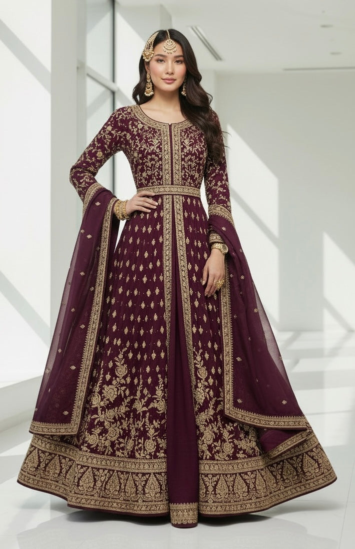 7041A - Dark Plum Raw Silk Embroidered Long Dress with Belt & Dupatta