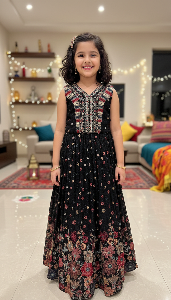 K690A- GIRLS BLACK EMBROIDERED LENHGA DRESS