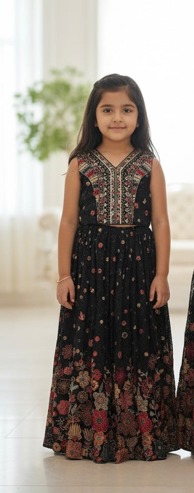 K690A- GIRLS BLACK EMBROIDERED LENHGA DRESS