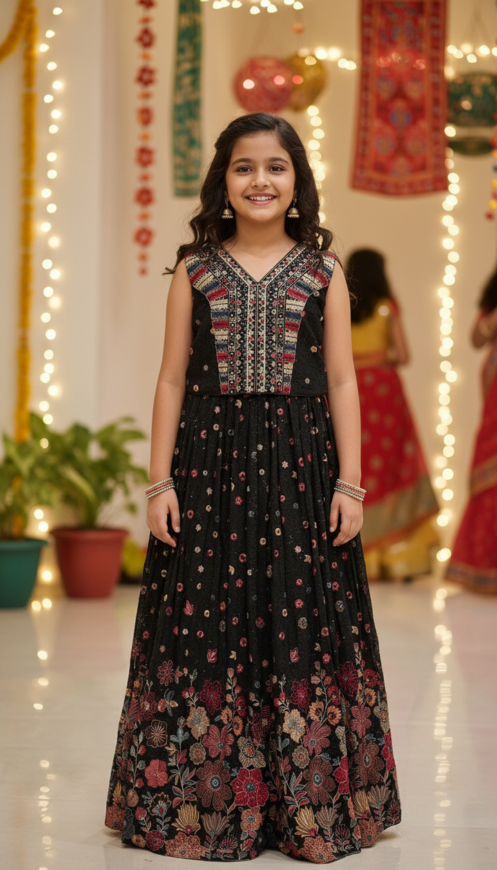 K690A- GIRLS BLACK EMBROIDERED LENHGA DRESS