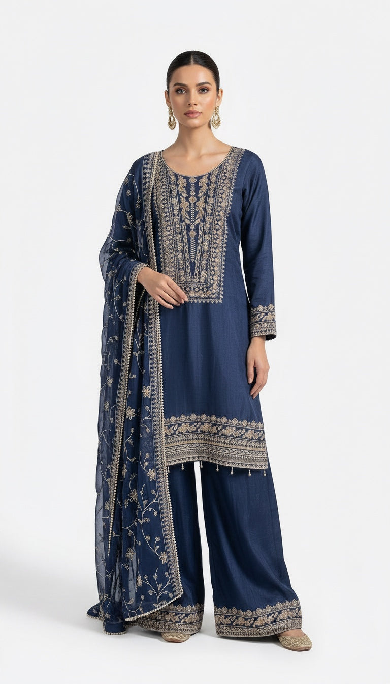 318A- Blue Silk Embroidered Pakistani Suit with Chiffon Dupatta