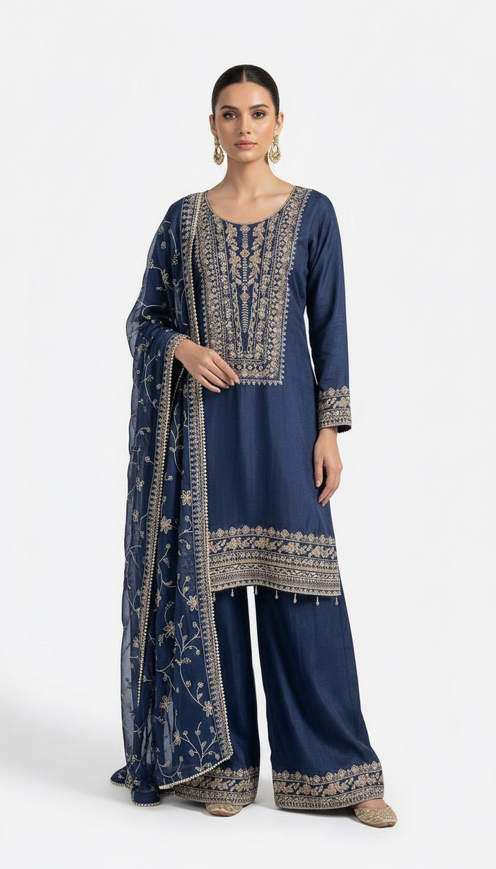 318A- Blue Silk Embroidered Pakistani Suit with Chiffon Dupatta
