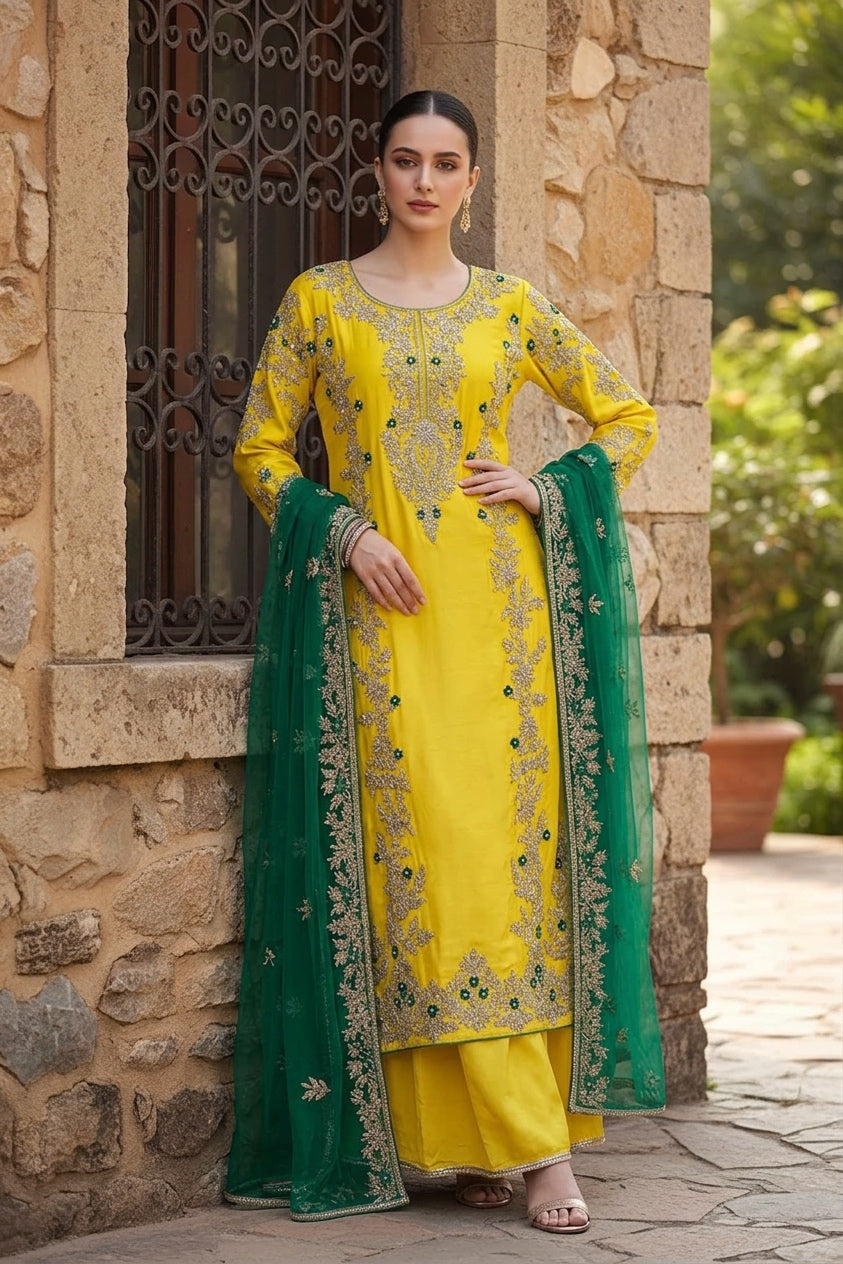 0159B- Embroidered Silk Long Shirt with Farshi Palazzo & Net Dupatta