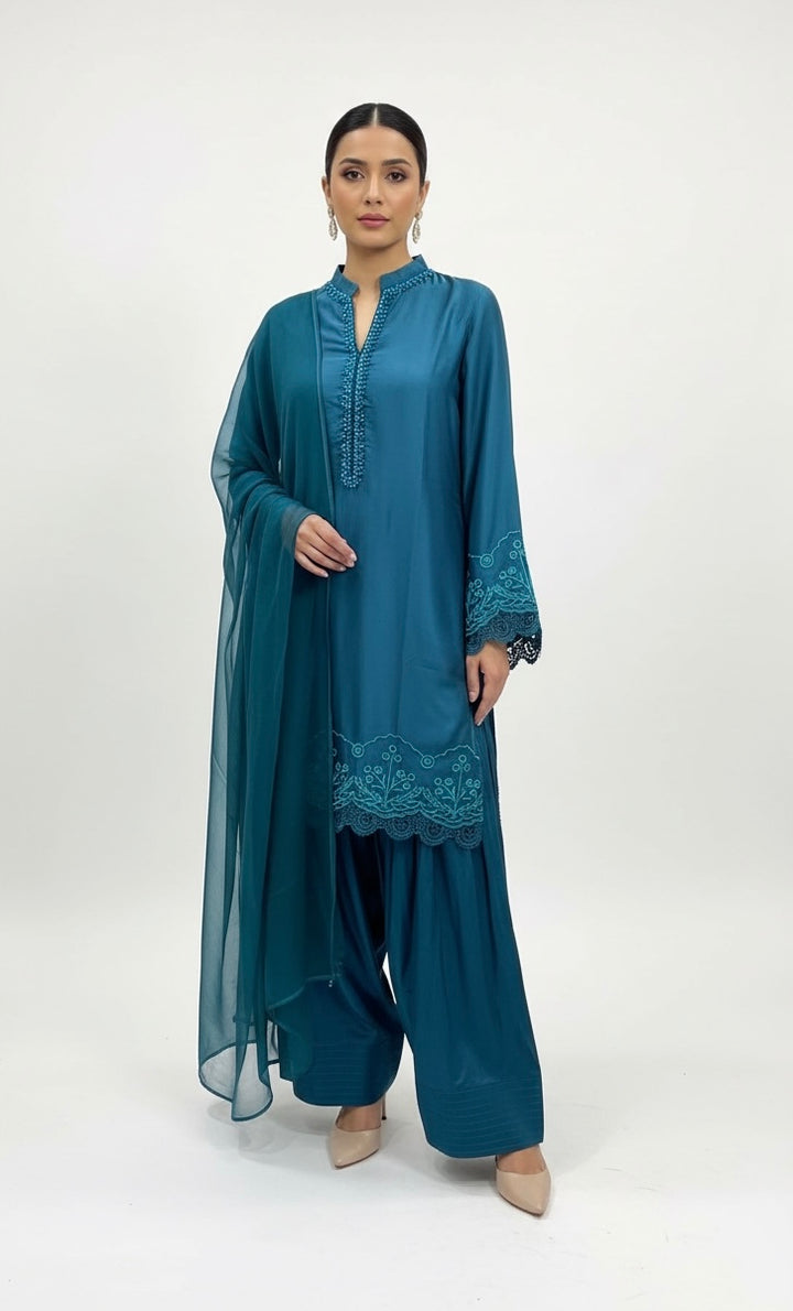1116H - Teal Viscose Silk Shirt with Farshi Shalwar & Chiffon Dupatta