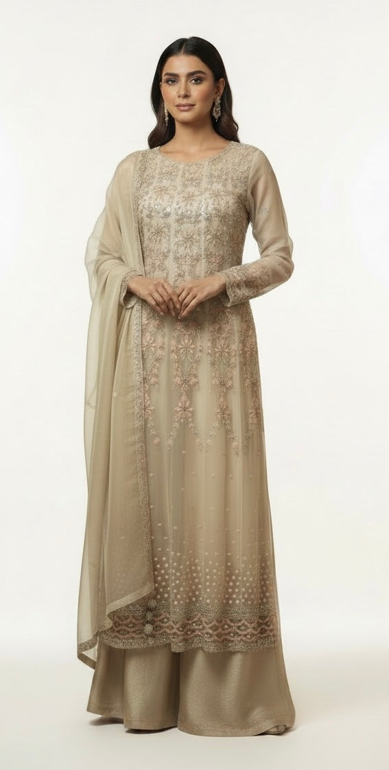 7042A - Elegant Embellished Organza & Silk Long Dress with Palazzo & Dupatta