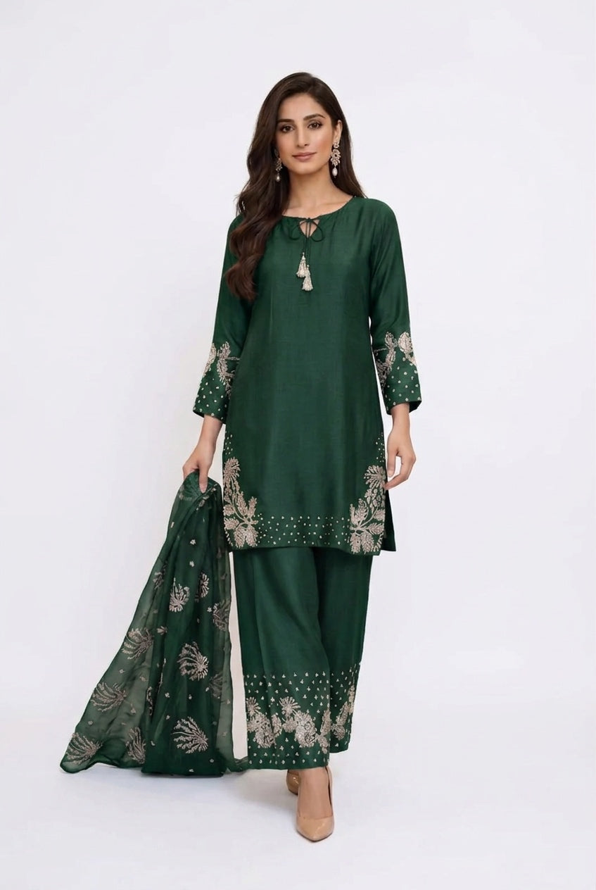 1179H - Green Embroidered Viscose 3 Piece suit