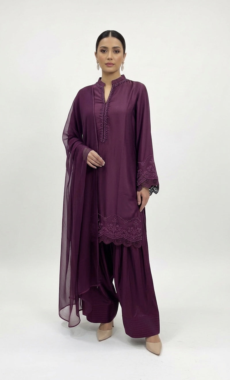 1116J - Purple Viscose Silk Shirt with Farshi Shalwar & Chiffon Dupatta