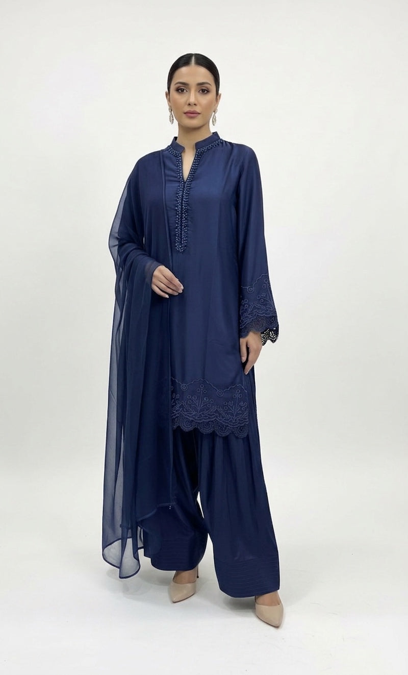 1116K - Blue Viscose Silk Shirt with Farshi Shalwar & Chiffon Dupatta