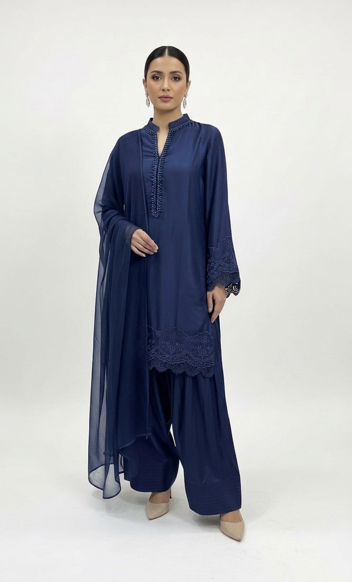 1116K - Blue Viscose Silk Shirt with Farshi Shalwar & Chiffon Dupatta