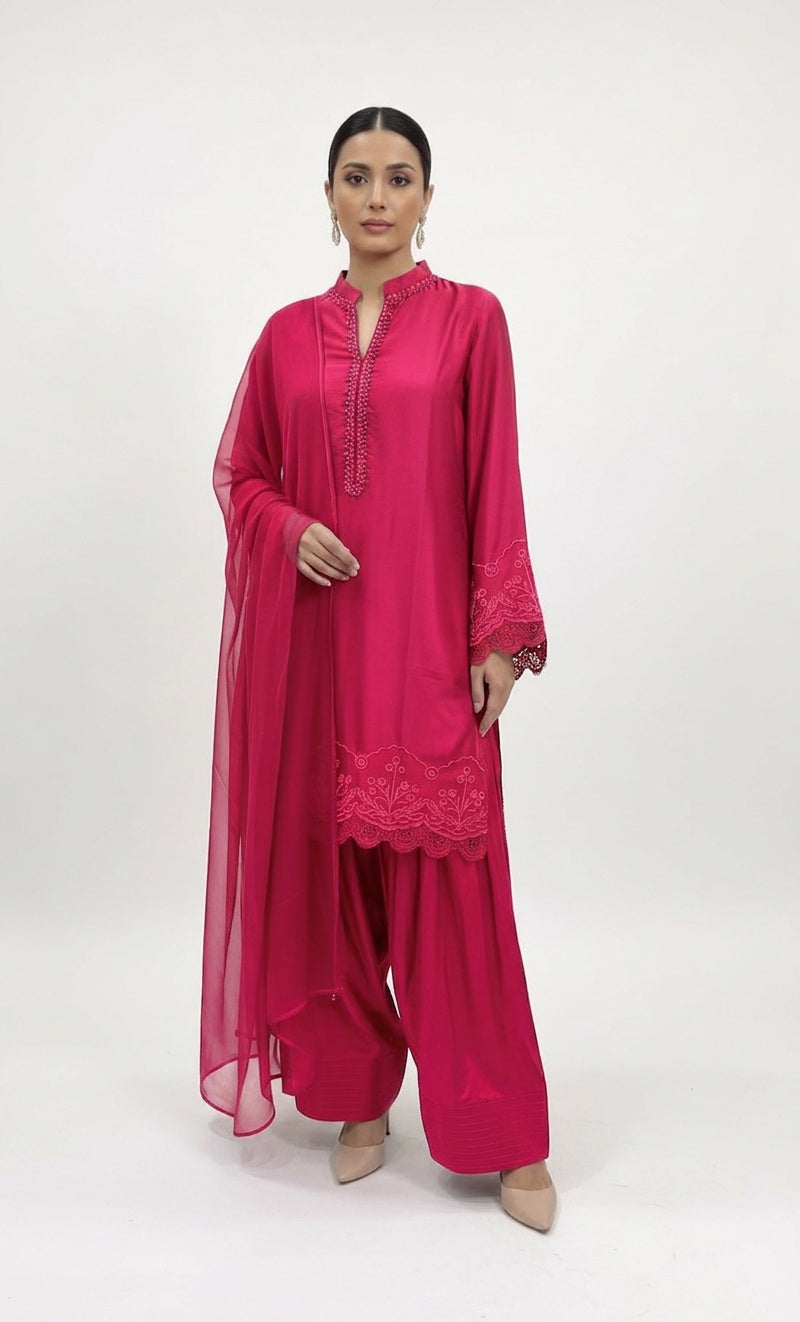 1116L - Fuchsia Pink Viscose Silk Shirt with Farshi Shalwar & Chiffon Dupatta