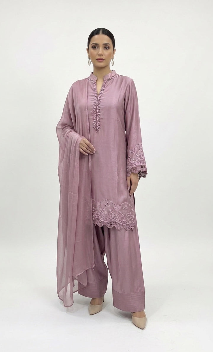 1116M - Dusty Pink Viscose Silk Shirt with Farshi Shalwar & Chiffon Dupatta