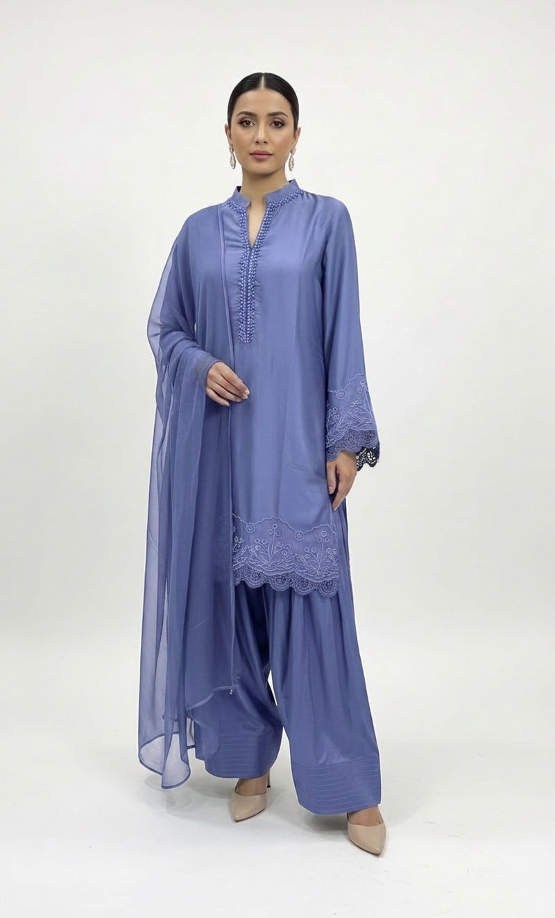 1116R - Lavender Blue Viscose Silk Shirt with Farshi Shalwar & Chiffon Dupatta