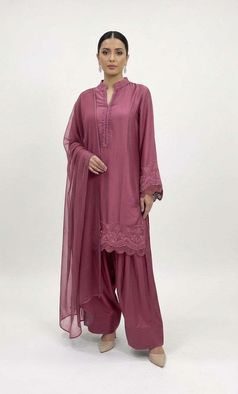 1116P - Pink Viscose Silk Shirt with Farshi Shalwar & Chiffon Dupatta