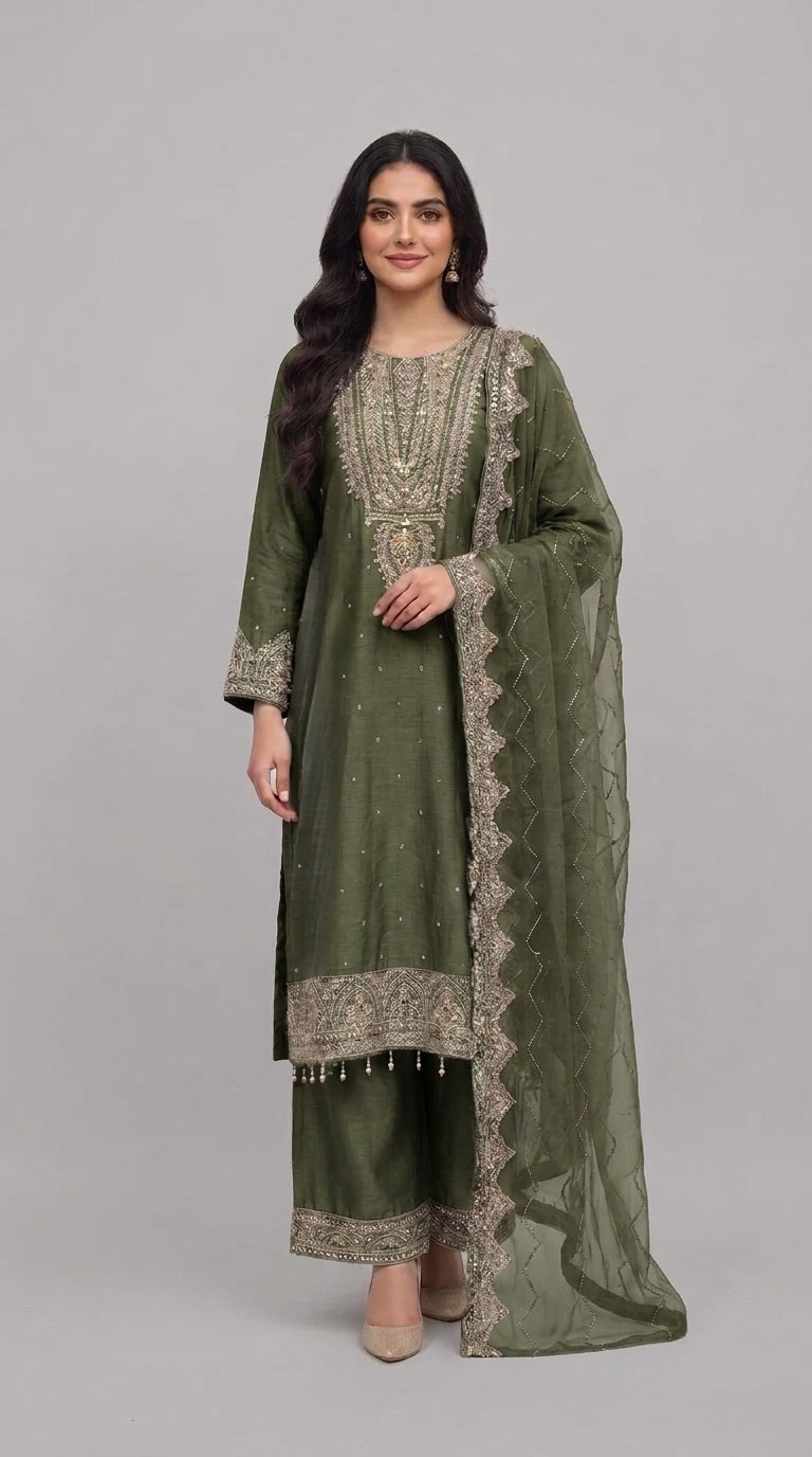364C- Green Embroidered Silk 3 Piece Suit
