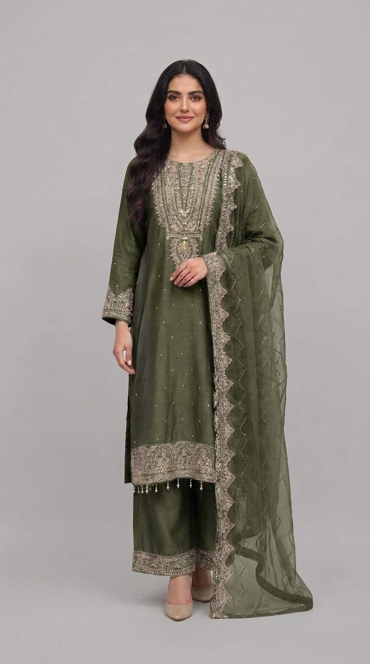 364C- Green Embroidered Silk 3 Piece Suit