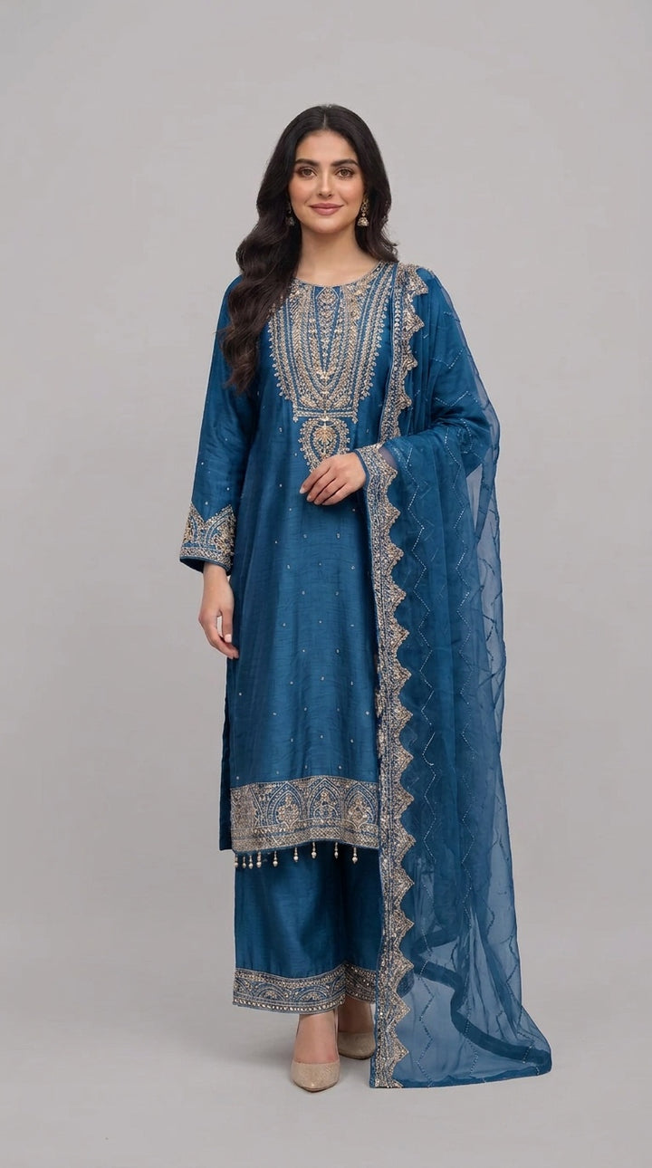 364D- Blue Embroidered Silk 3 Piece Suit