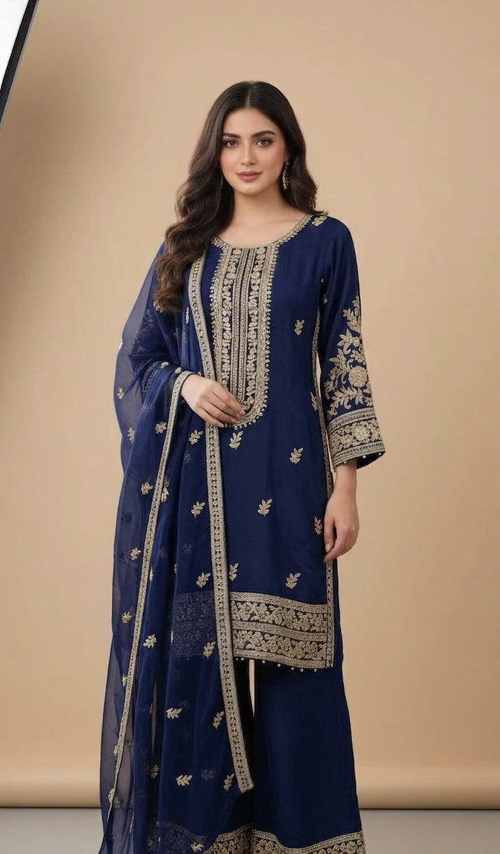 365C - Blue Embroidered Silk 3 Piece Suit