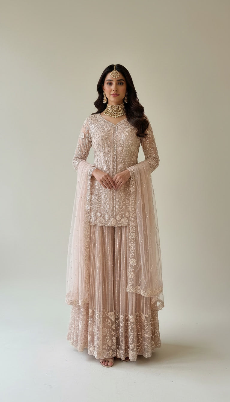7051A - Hand-Embroidered champagne gold Sharara 3-Piece Dress