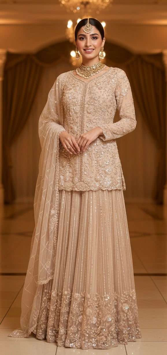 7051A - Hand-Embroidered champagne gold Sharara 3-Piece Dress