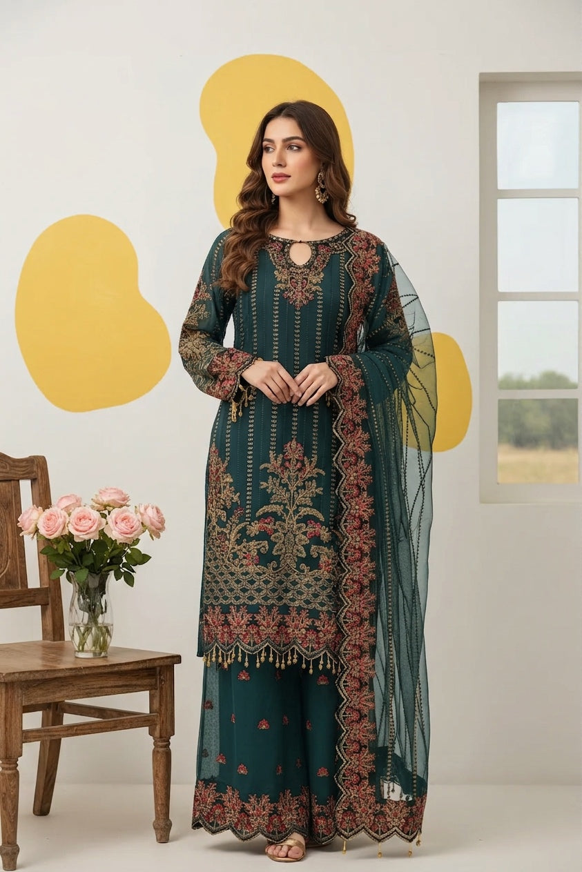 334G - Teal Embroidered Chiffon Shirt with Palazzo/Sharara & Embroidered Dupatta