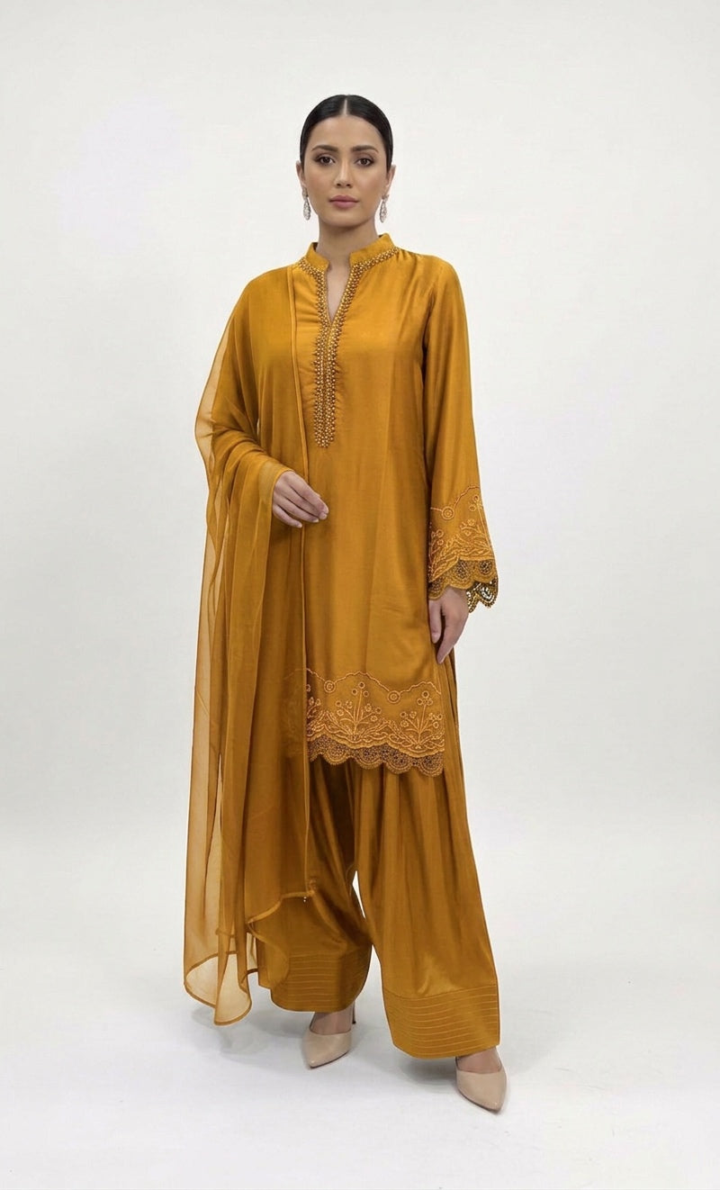 1116T - Mustard Viscose Silk Shirt with Farshi Shalwar & Chiffon Dupatta