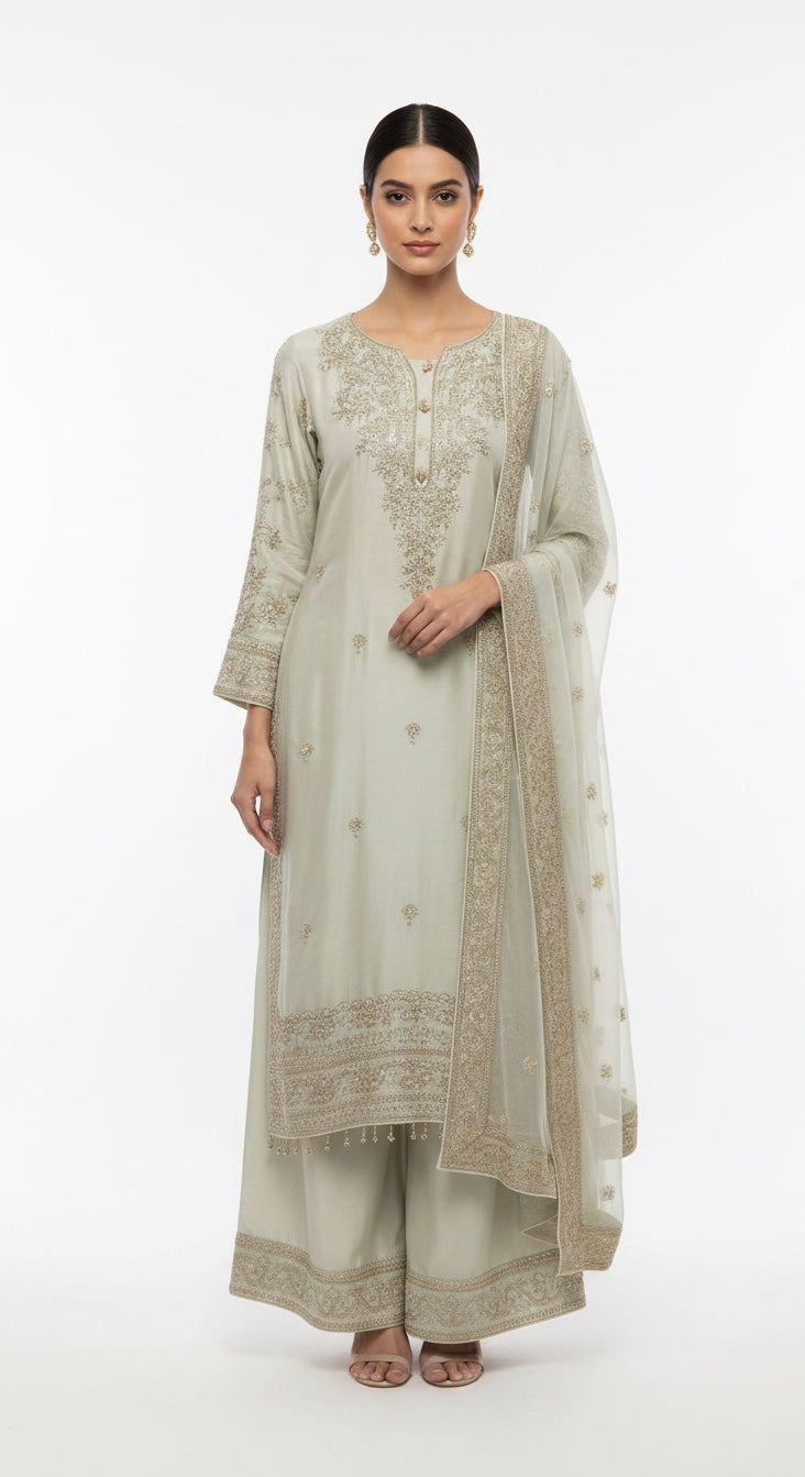 319B - pastel Pistachio Embroidered Silk 3 Piece Pakistani Suit