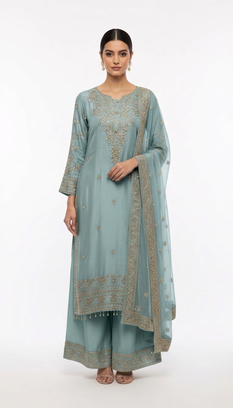 319A - Aqua Green Embroidered Silk 3 Piece Pakistani Suit