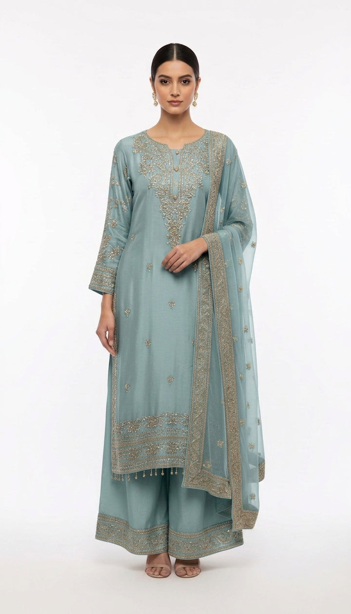 319A - Aqua Green Embroidered Silk 3 Piece Pakistani Suit