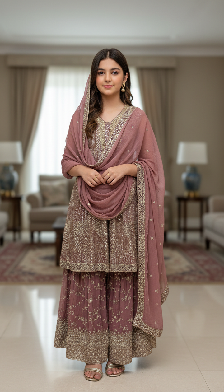 K691A- GIRLS EMBROIDERED SHARARA DRESS