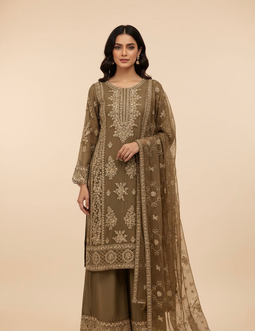 348C- Embroidered Chiffon 3 Piece Suit - East meets west clothing 