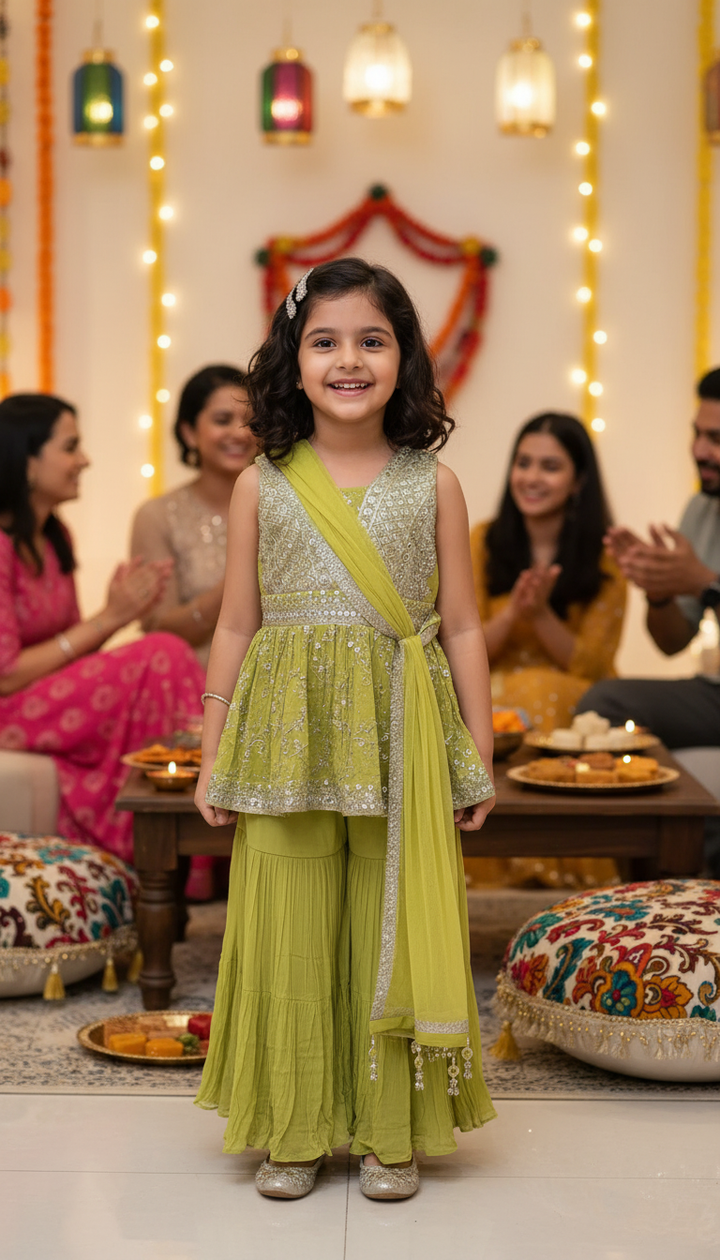 K692B- GIRLS GREEN EMBROIDERED SHARARA DRESS