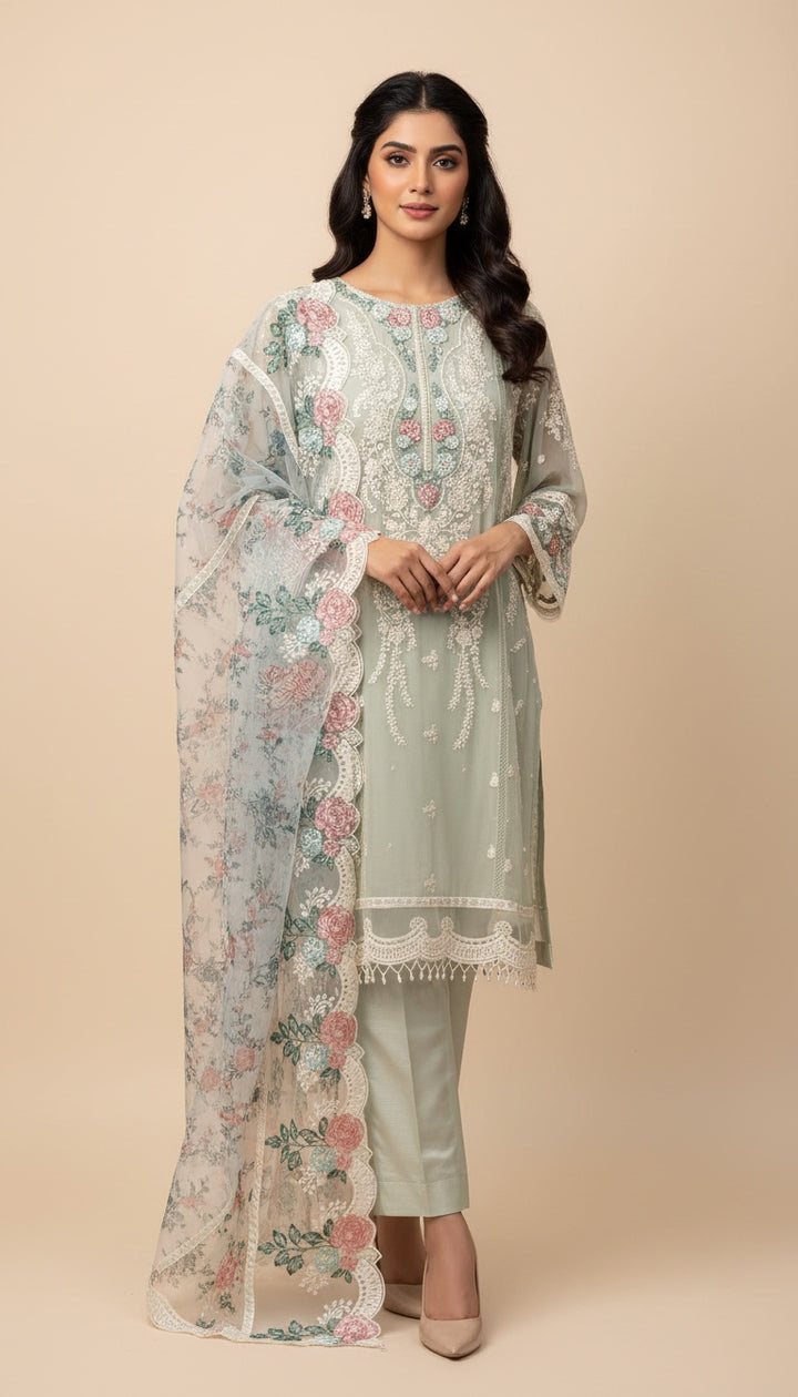 LIGHT GREEN EMBROIDERED CHIFFON 3 PIECE SUIT 228D - East meets west clothing 