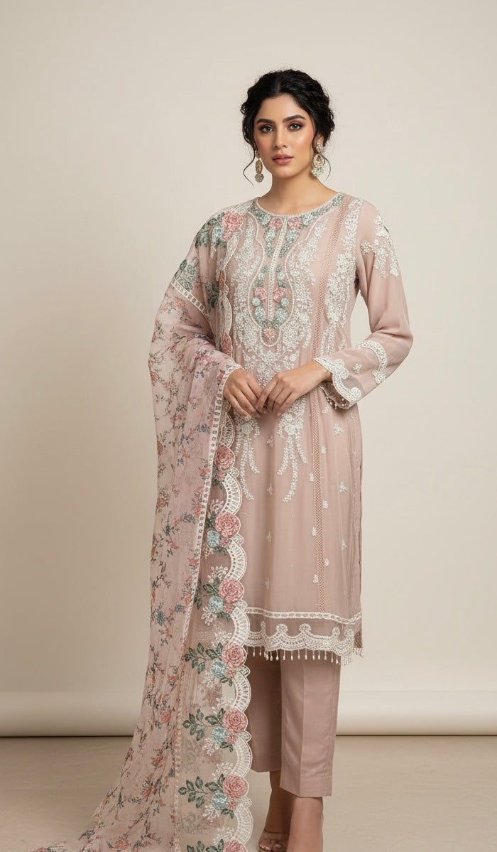 DUSTY PINK EMBROIDERED CHIFFON 3 PIECE SUIT 228E - East meets west clothing 
