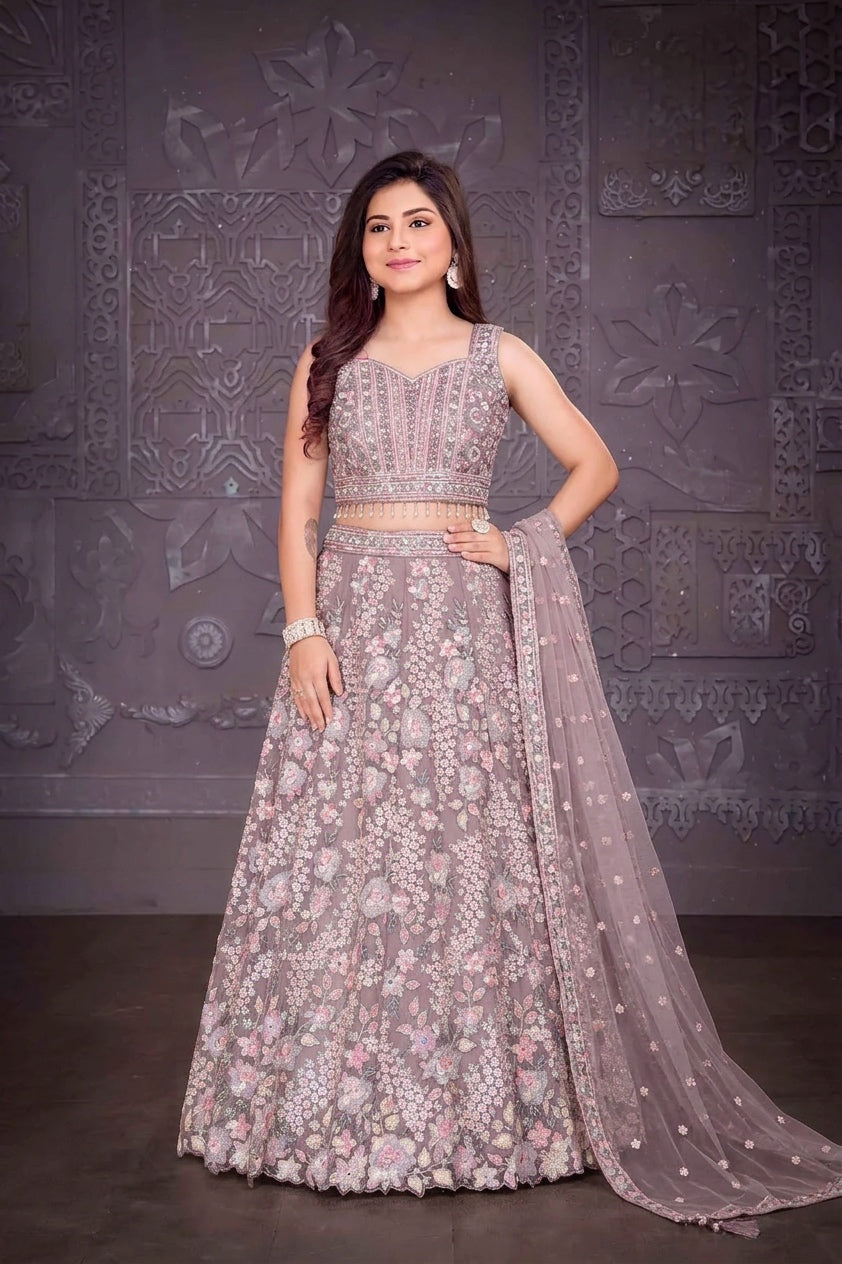 1225C - GIRLS MAUVE EMBROIDERED & EMBELLISHED LENGHA CHOLI
