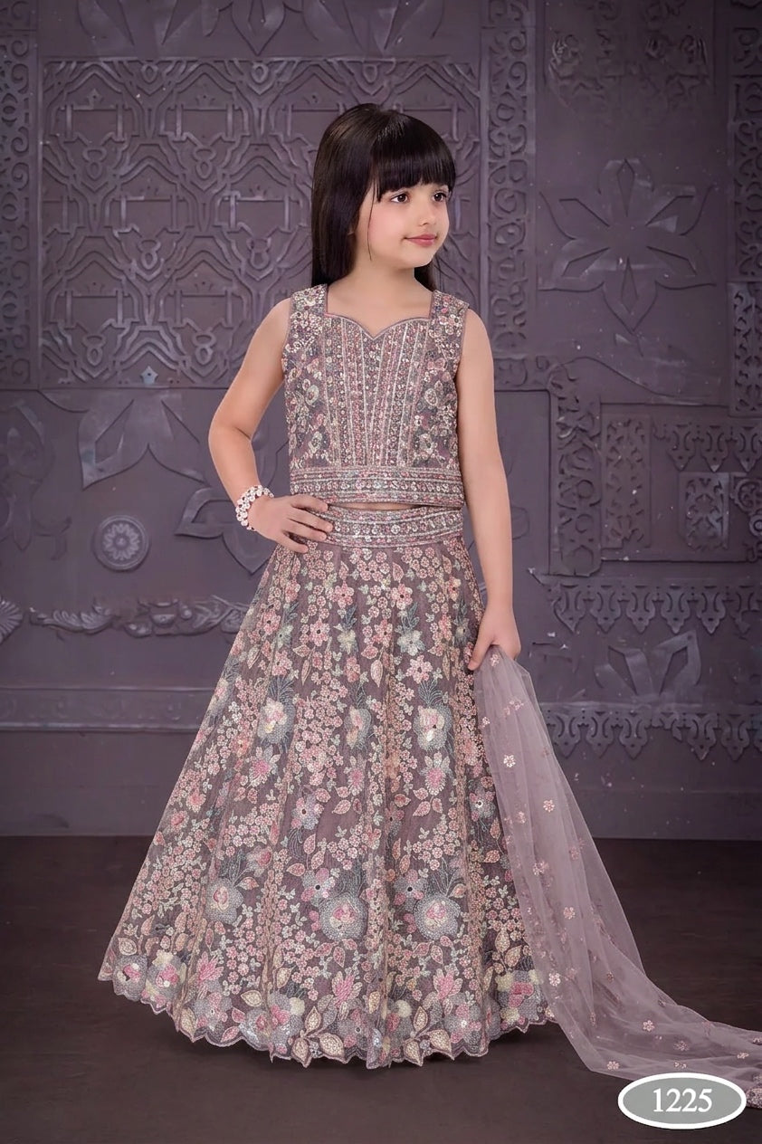 1225C - GIRLS MAUVE EMBROIDERED & EMBELLISHED LENGHA CHOLI