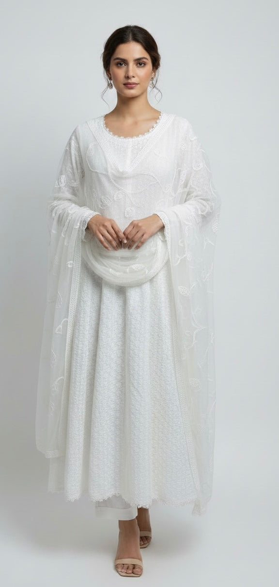 WS01 - White chikankari Long Dress 3-Piece Pakistani Suit