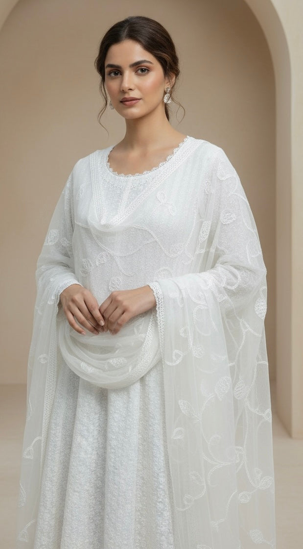 WS01 - White chikankari Long Dress 3-Piece Pakistani Suit