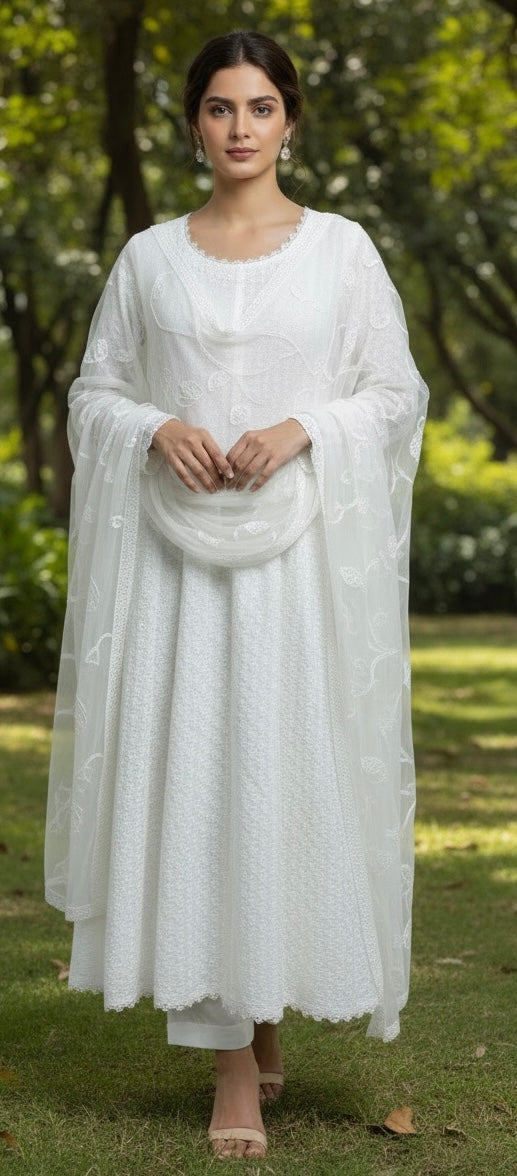 WS01 - White chikankari Long Dress 3-Piece Pakistani Suit