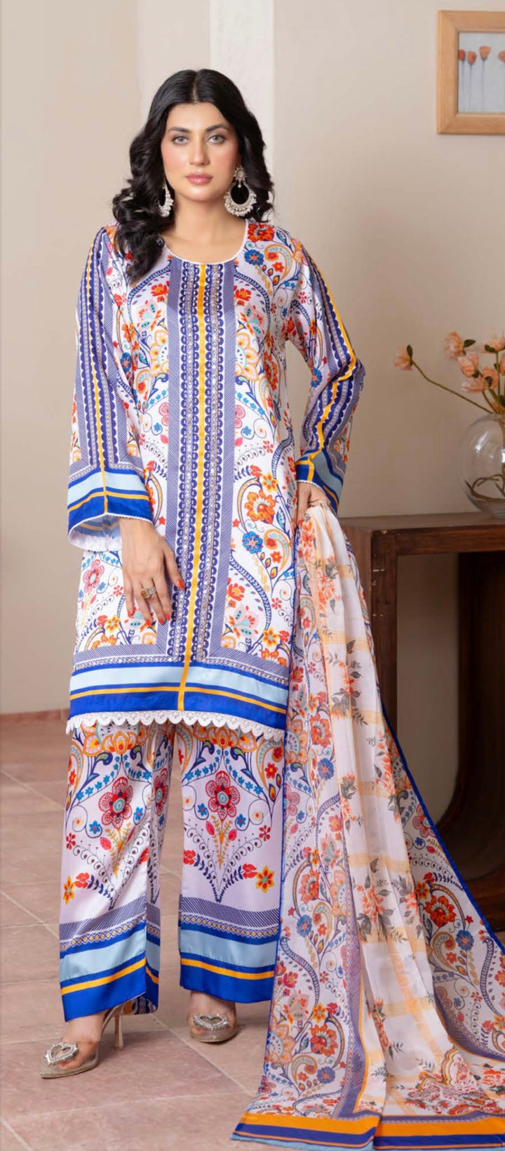 TSH08- EMBELLISHED SILK PRINT 3 PIECE SUIT