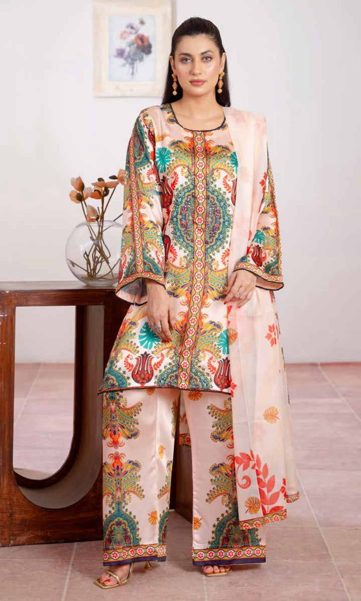 TSH02- EMBELLISHED SILK PRINT 3 PIECE SUIT