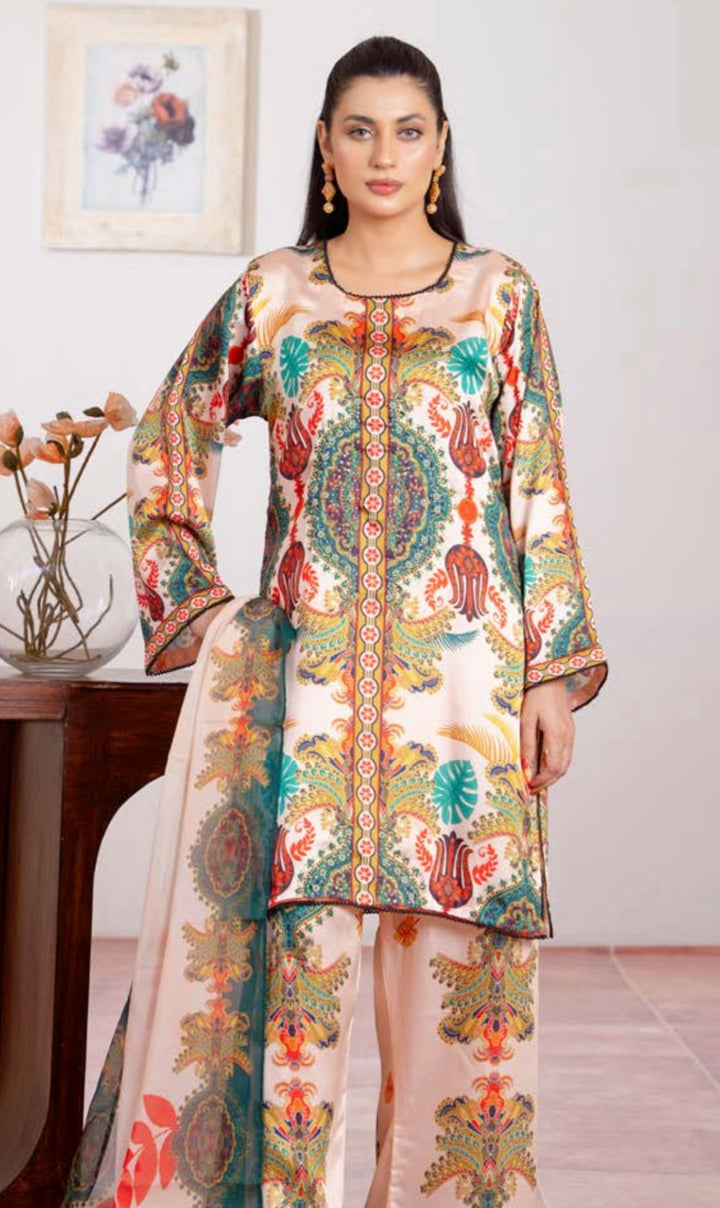 TSH02- EMBELLISHED SILK PRINT 3 PIECE SUIT